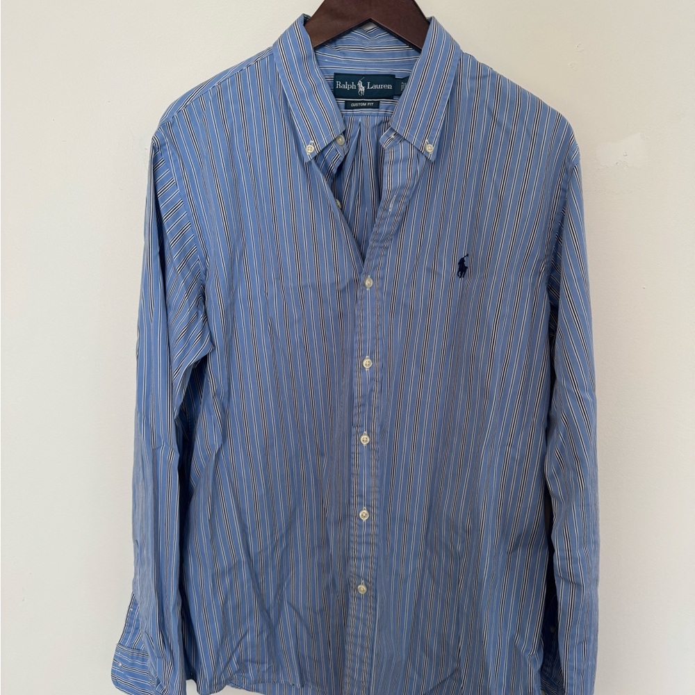 Ralph Lauren Blue and white Striped Dress Shirt Custom Fit size large